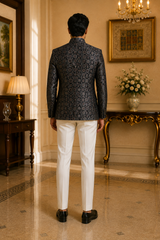 Black Velvet Geometric Brocade Nehru Jacket, back view on model