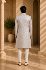 Silver White Brocade Sherwani for Men, back view on model