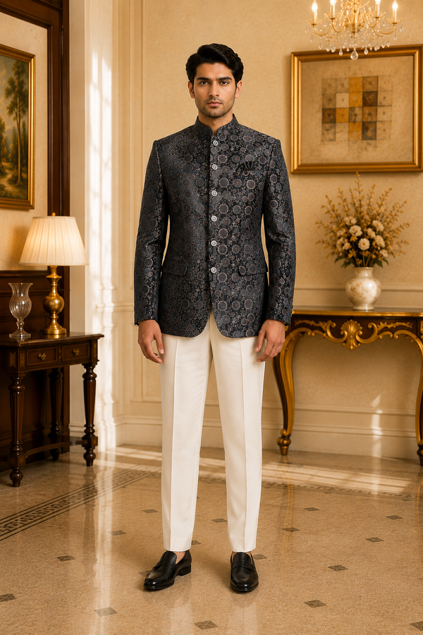 Black Velvet Geometric Brocade Nehru Jacket, front view on model