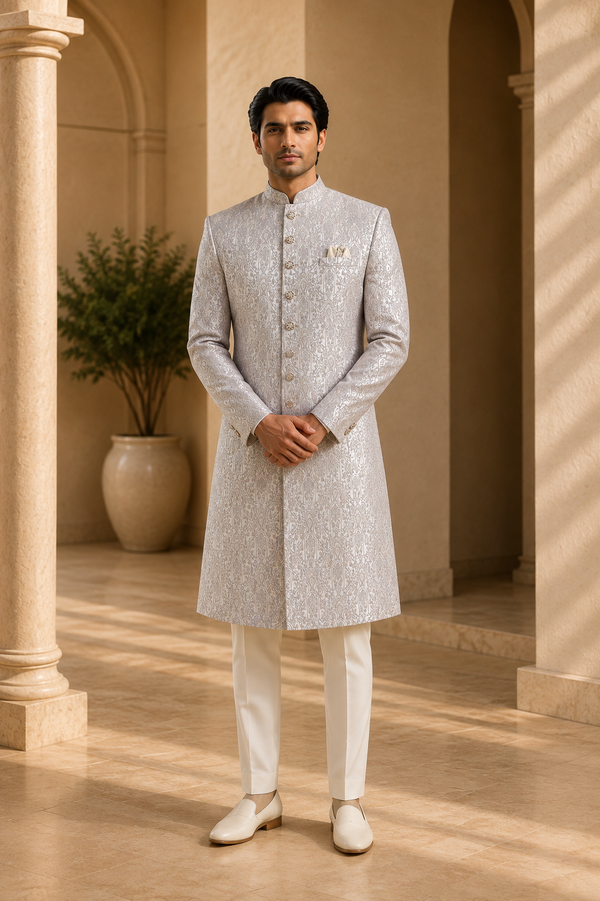 Silver White Brocade Sherwani for Men, front view on model