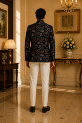 Black Velvet Embroidered Nehru Jacket Tiger & Bird Motifs, back view on model