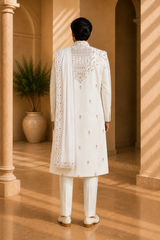 Cream White Embroidered Sherwani with Dupatta for Men, back view on model