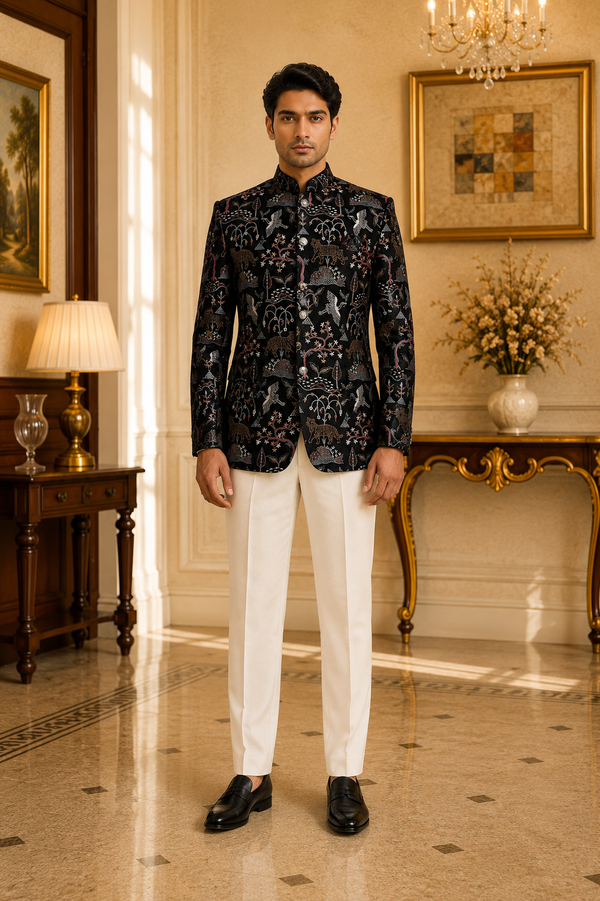 Black Velvet Embroidered Nehru Jacket Tiger & Bird Motifs, front view on model