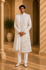 Cream White Embroidered Sherwani with Dupatta for Men, front view on model