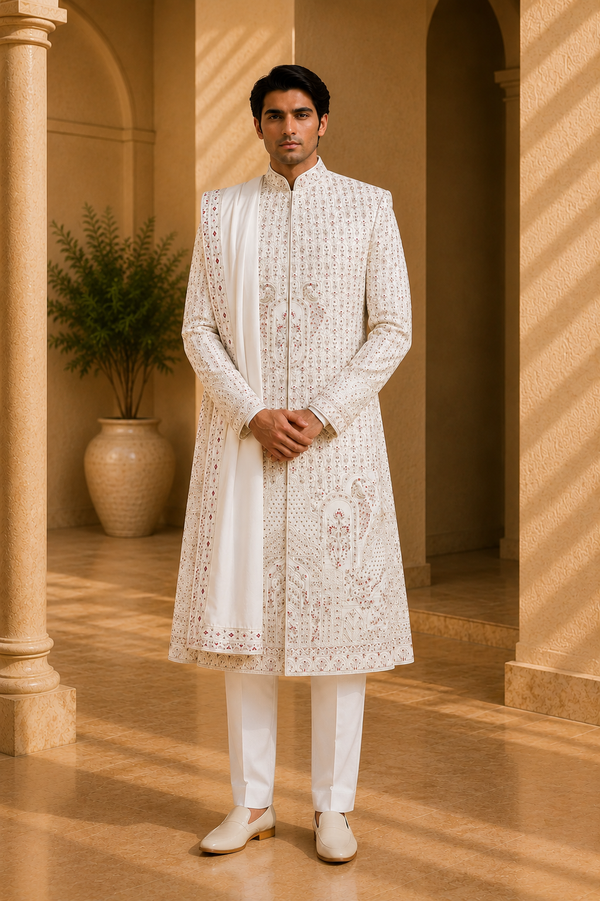 Cream White Embroidered Sherwani with Dupatta for Men, front view on model