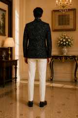 Black Velvet Floral Embroidered Nehru Jacket, back view on model