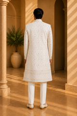 Ivory Zari Floral Sherwani with Bead Work for Groom, back view on model