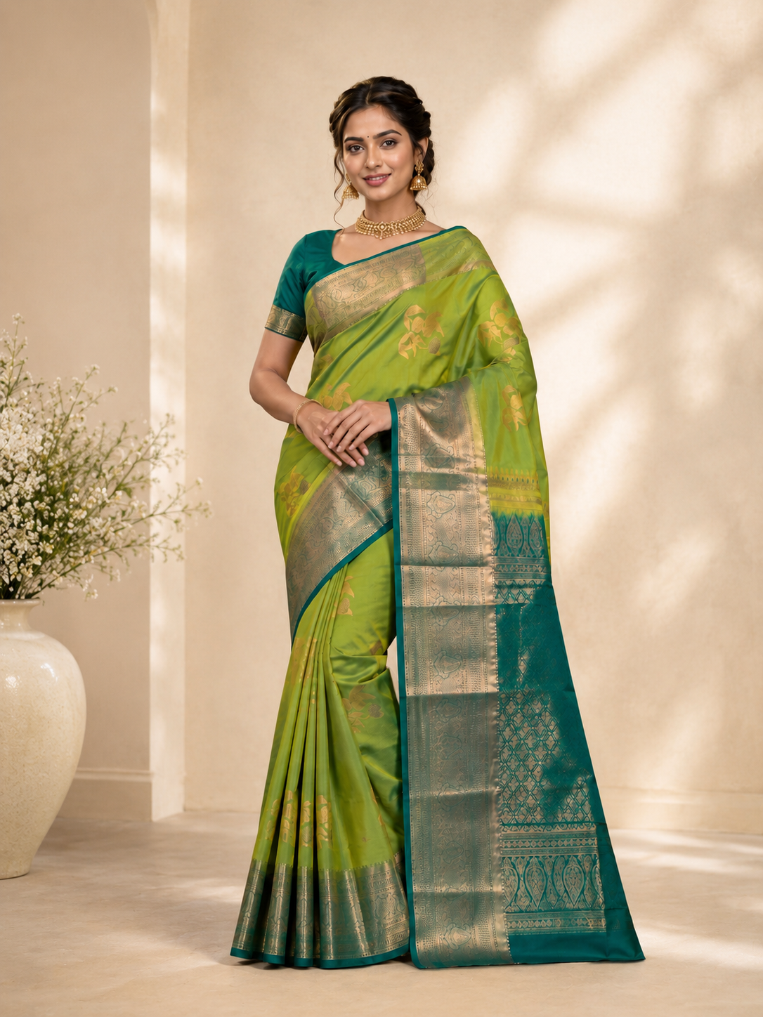 Elegant Lime Green Kanjivaram Silk Saree with Rich Teal Zari Border