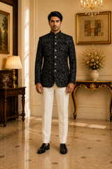 Black Velvet Floral Embroidered Nehru Jacket, front view on model