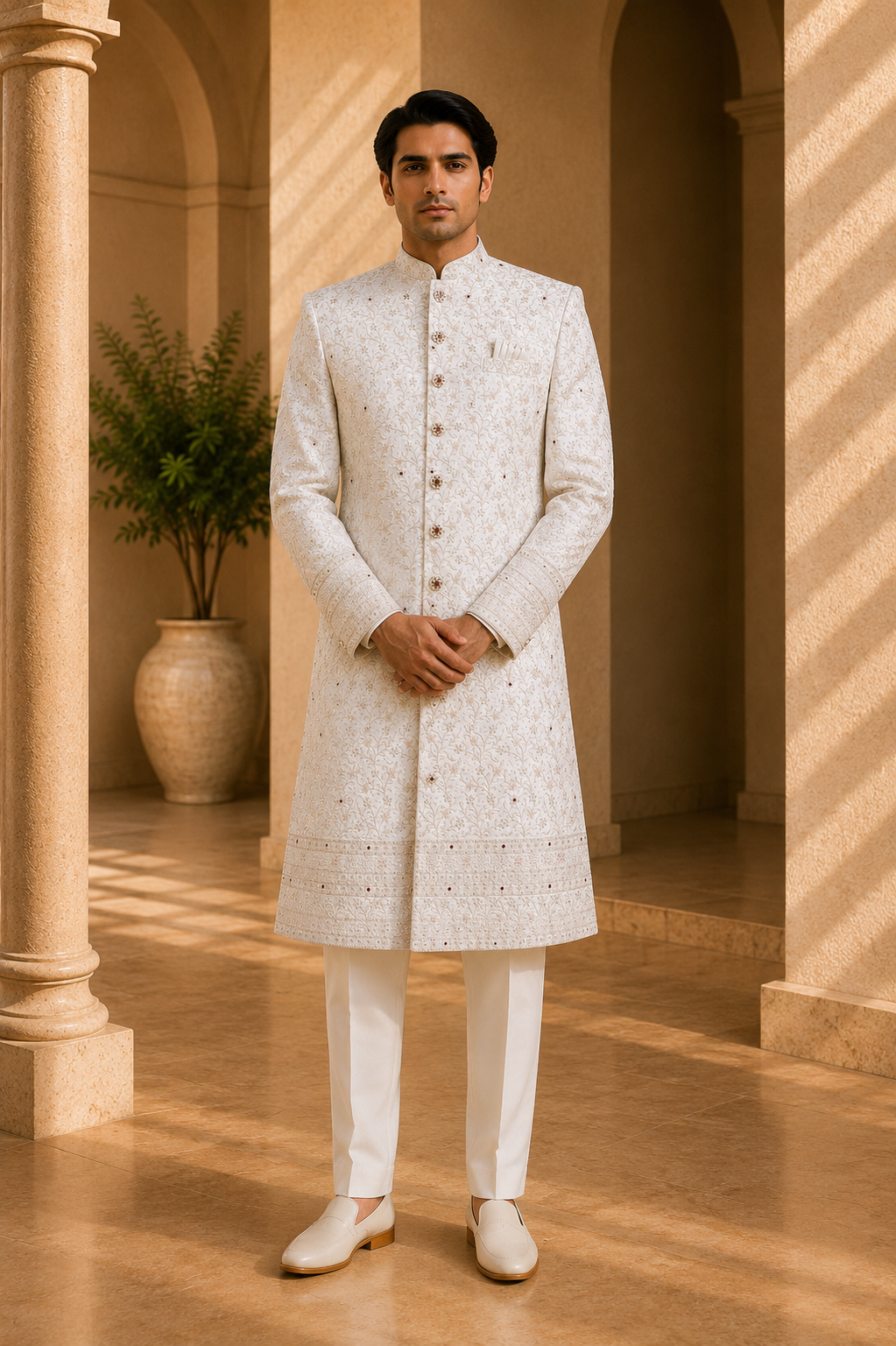 Ivory Zari Floral Sherwani with Bead Work for Groom, front view on model