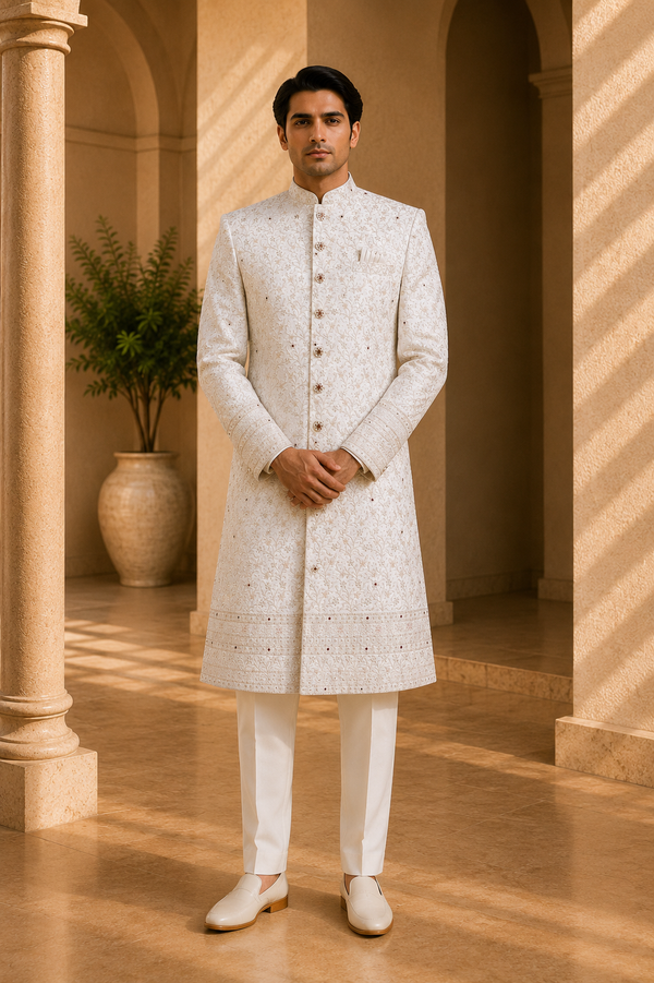 Ivory Zari Floral Sherwani with Bead Work for Groom, front view on model