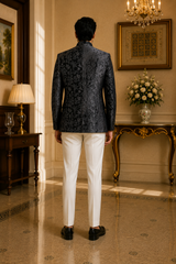 Black Velvet Embroidered Nehru Jacket with Crane Motifs, back view on model