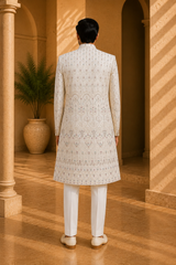 Ivory Floral Zari Embroidered Sherwani for Groom Wedding, back view on model