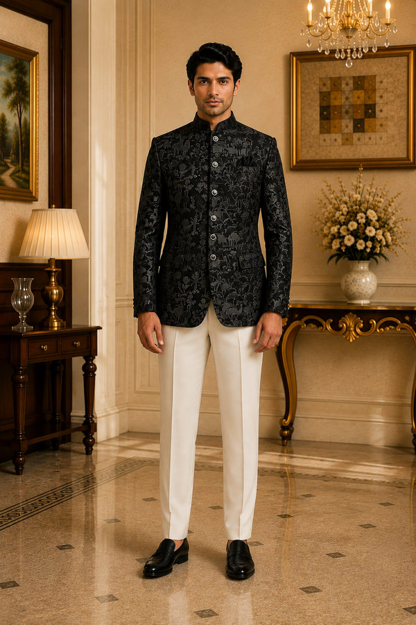Black Velvet Embroidered Nehru Jacket with Crane Motifs, front view on model