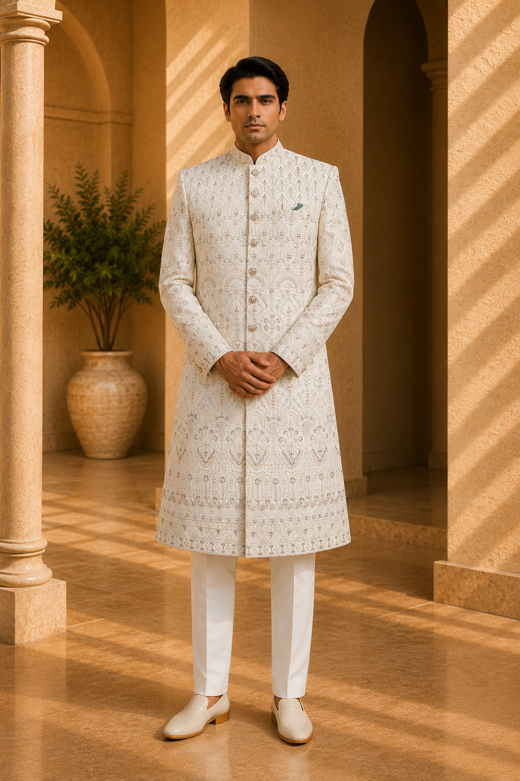 Ivory Floral Zari Embroidered Sherwani for Groom Wedding, front view on model