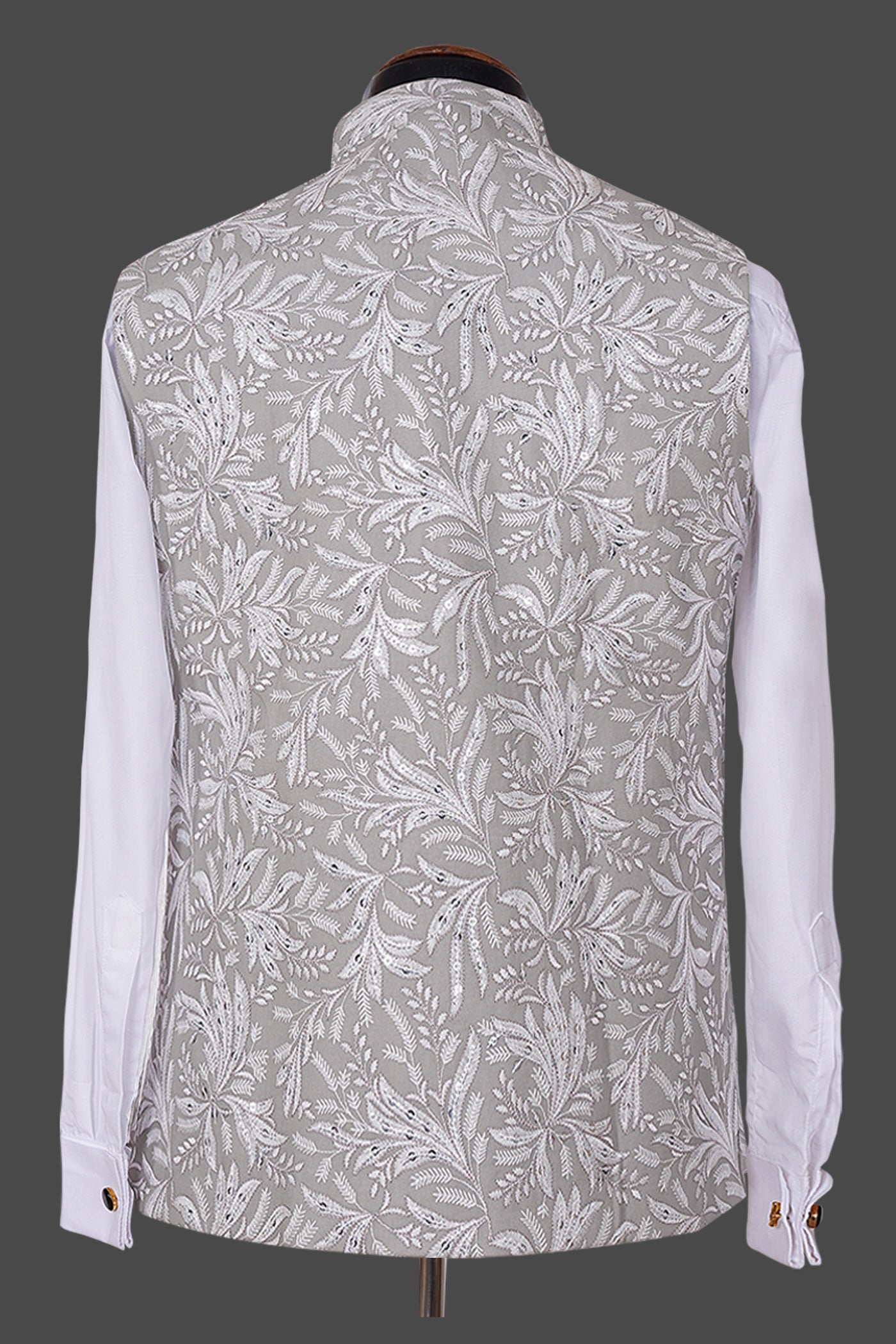 Grey Embroidered Nehru Jacket | Silver Zari Work Festive Waistcoat