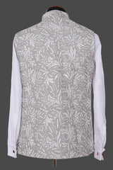 Grey Embroidered Nehru Jacket | Silver Zari Work Festive Waistcoat