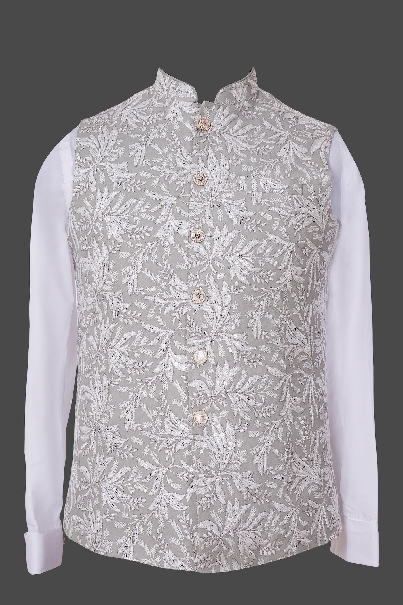 Grey Embroidered Nehru Jacket | Silver Zari Work Festive Waistcoat