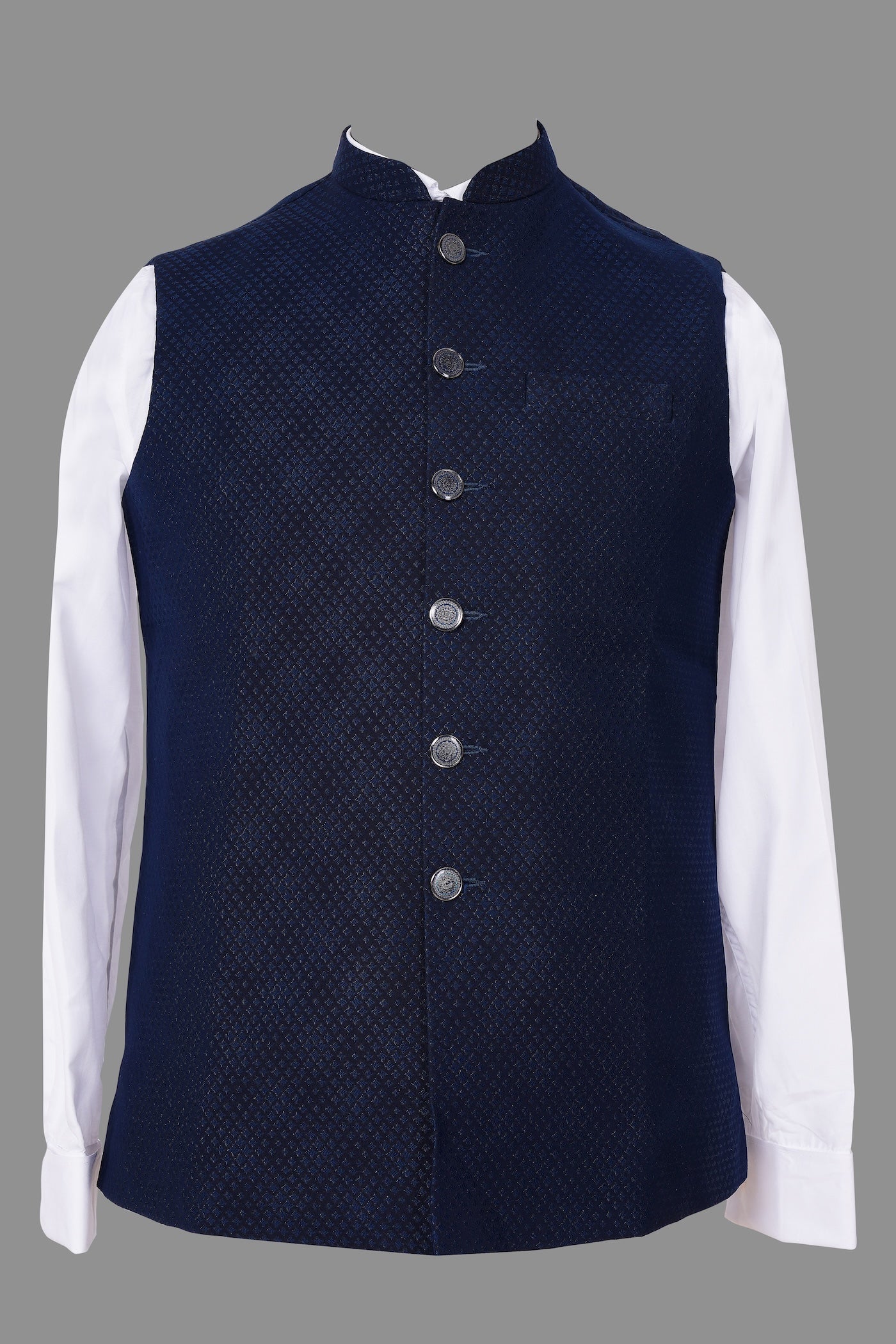 Navy Blue Nehru Jacket | Textured Embroidered Festive Waistcoat