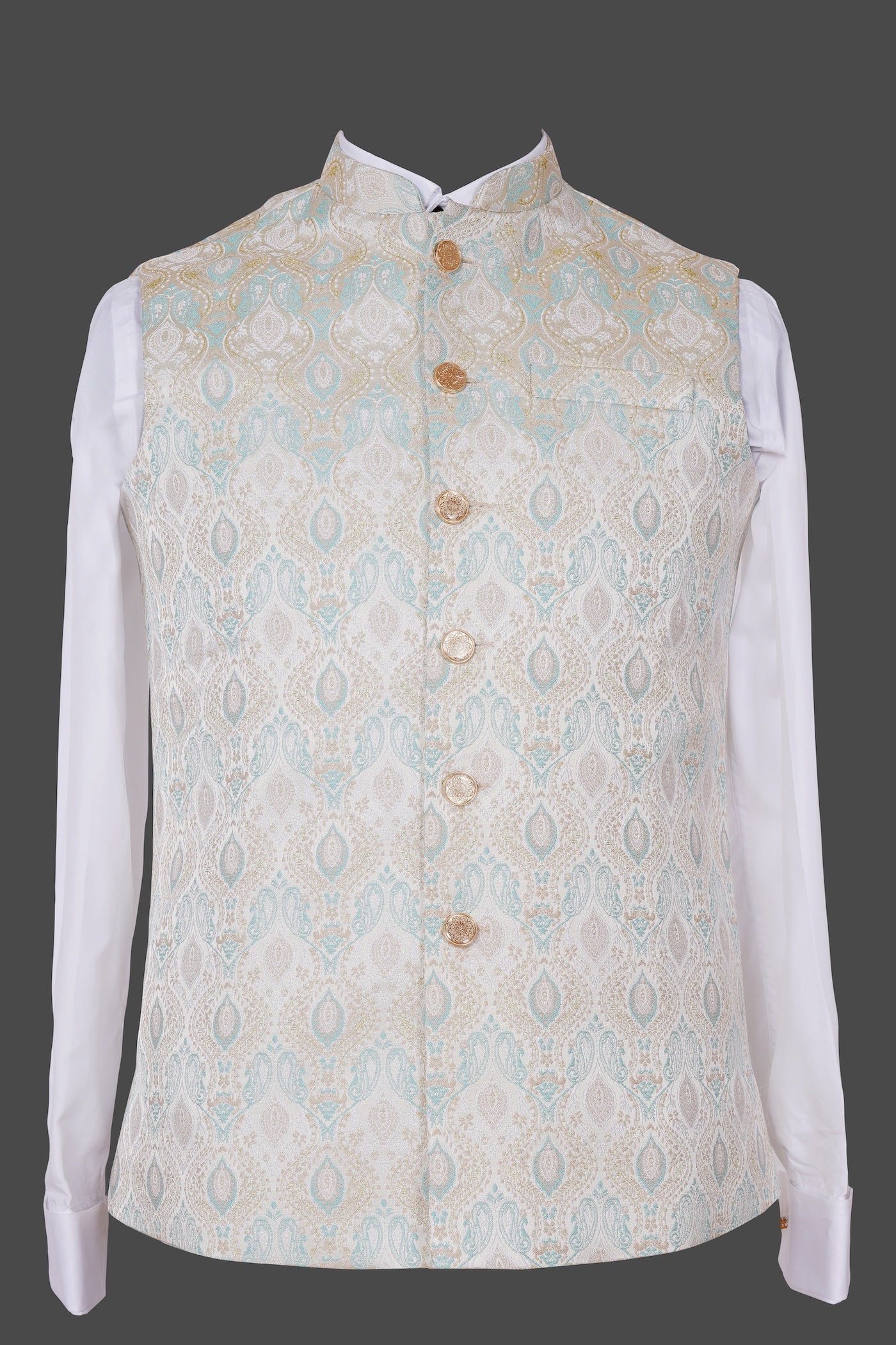 Cream Blue Paisley Nehru Jacket | Embroidered Festive Waistcoat
