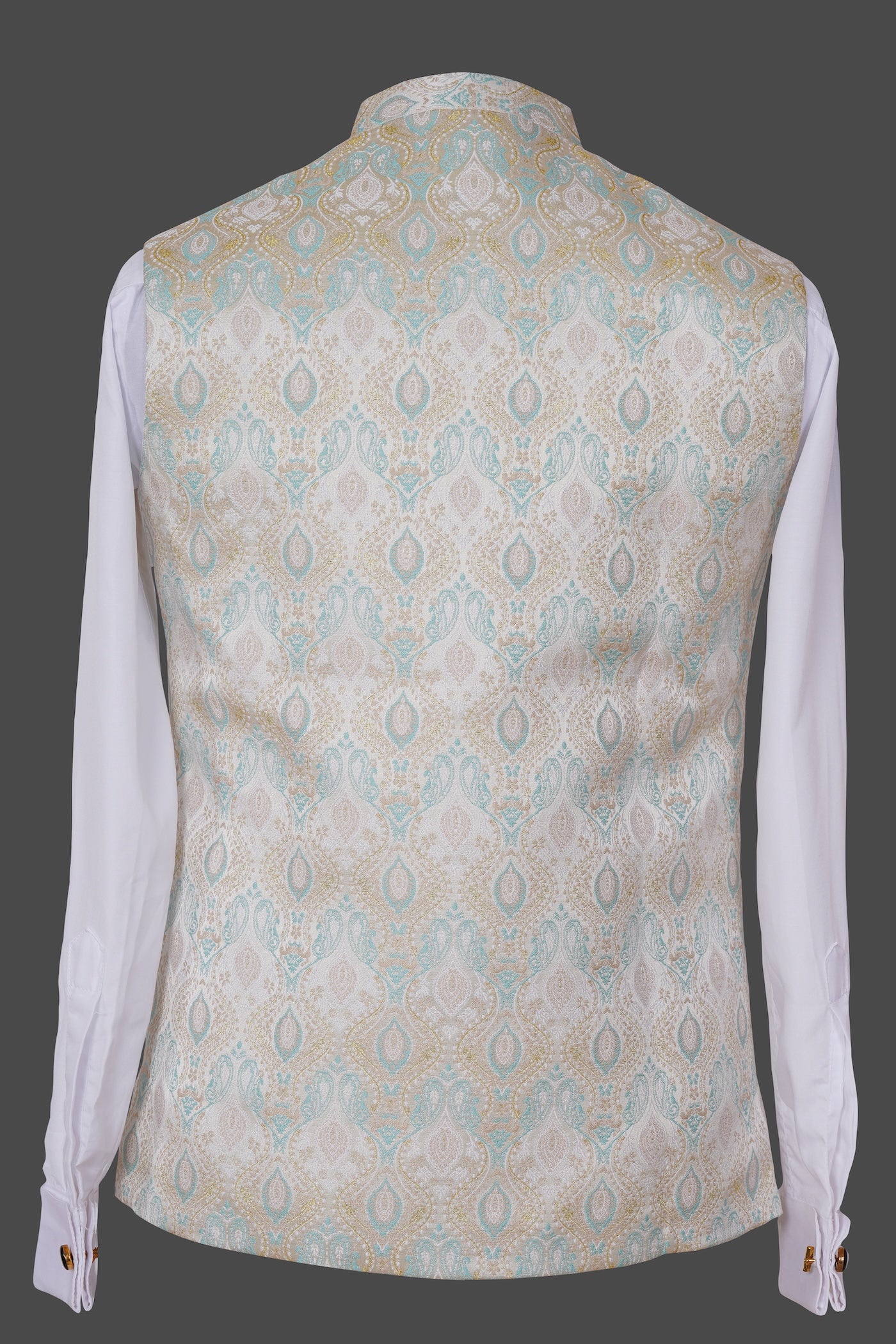 Cream Blue Paisley Nehru Jacket | Embroidered Festive Waistcoat