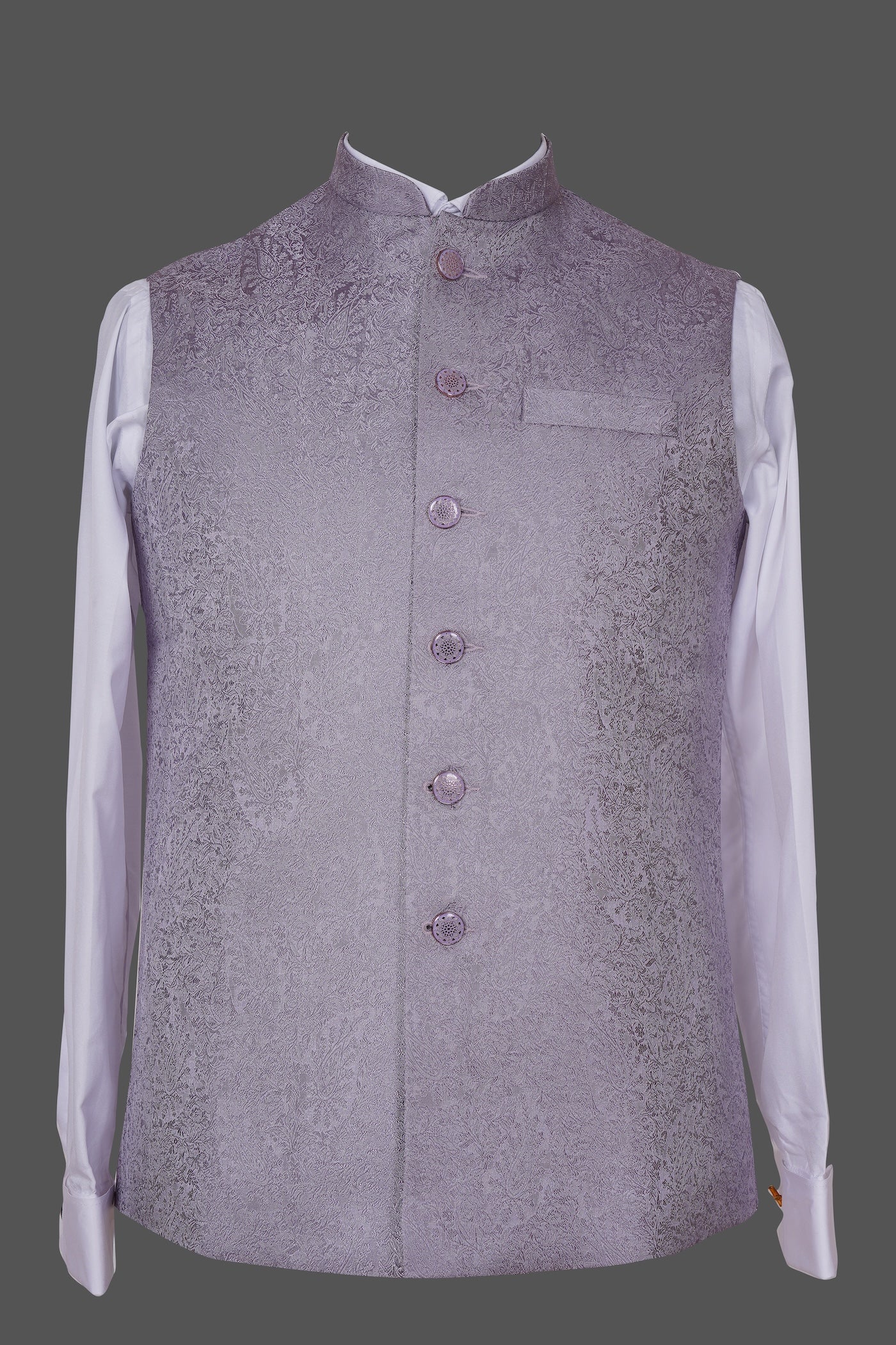 Lavender Grey Brocade Nehru Jacket | Embroidered Festive Waistcoat
