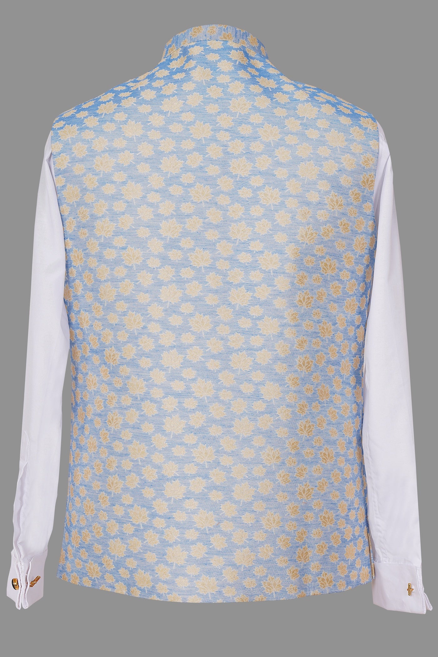 Sky Blue Floral Nehru Jacket | Gold Brocade Embroidered Festive Waistcoat