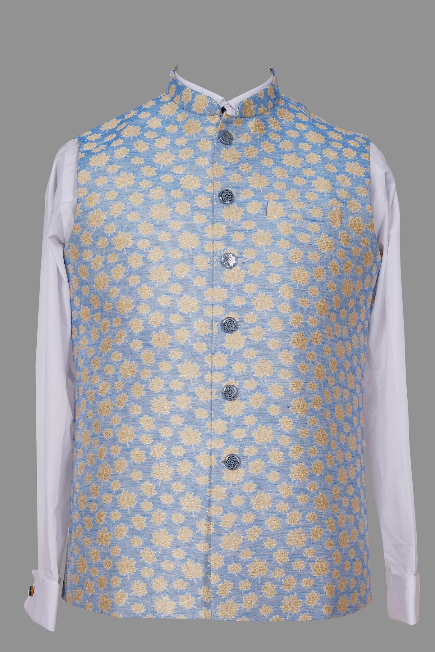 Sky Blue Floral Nehru Jacket | Gold Brocade Embroidered Festive Waistcoat