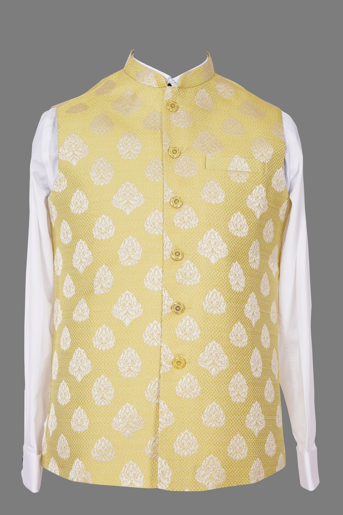 Yellow Brocade Nehru Jacket | Gold Paisley Embroidered Festive Waistcoat