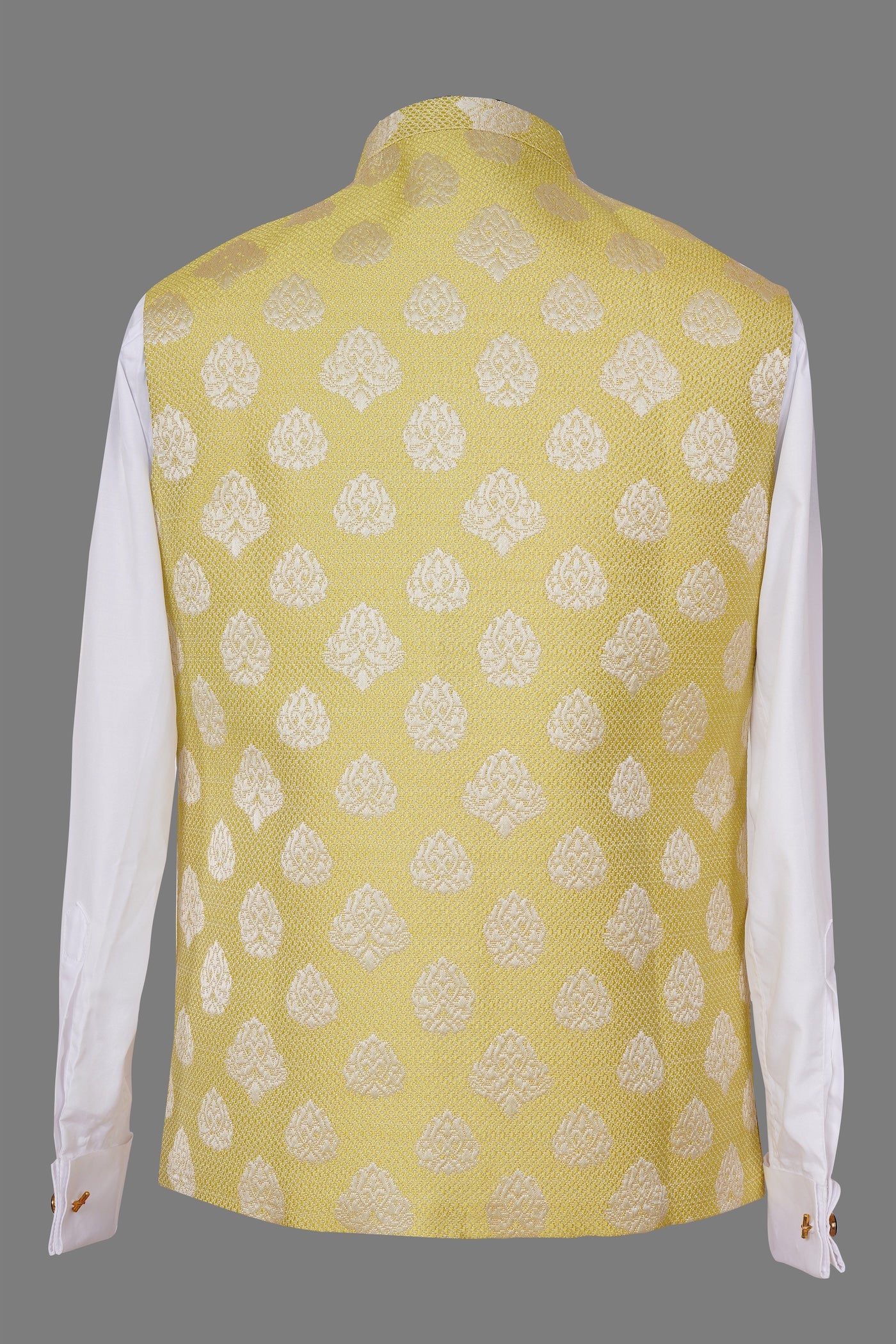 Yellow Brocade Nehru Jacket | Gold Paisley Embroidered Festive Waistcoat