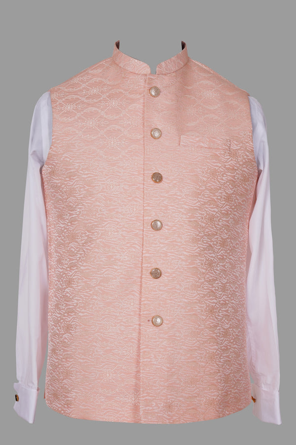 Peach Pink Brocade Nehru Jacket for Men | Elegant Asian Ethnic Wear Waistcoat