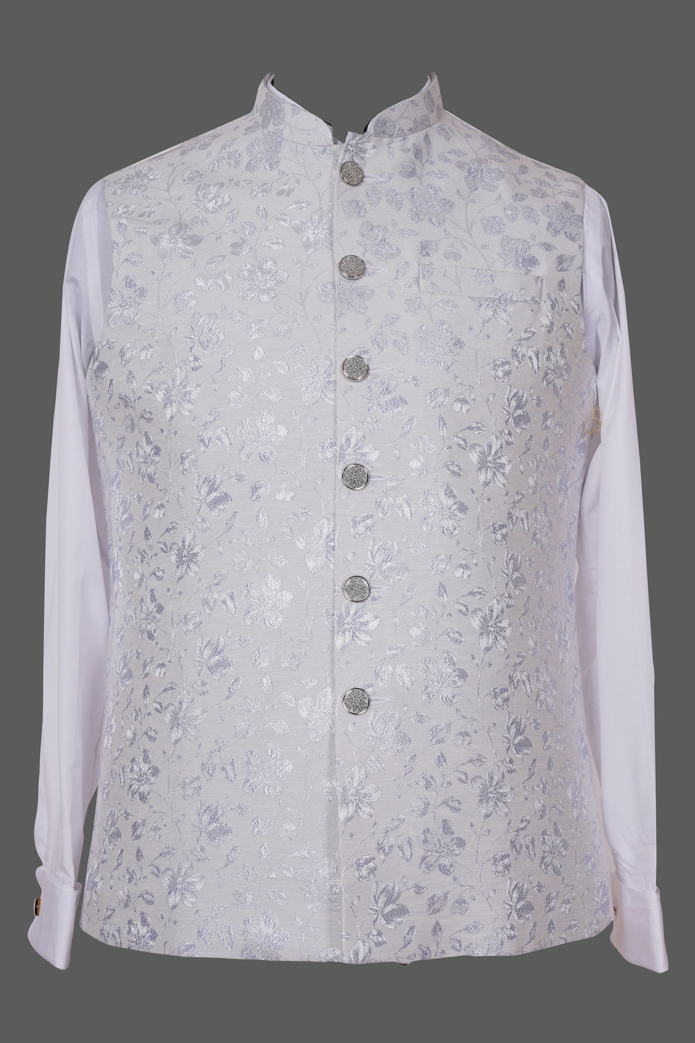 Silver Grey Floral Brocade Nehru Jacket for Men | Premium Indian Ethnic Waistcoat
