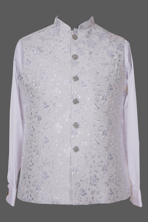 Silver Grey Floral Brocade Nehru Jacket for Men | Premium Asian Ethnic Waistcoat