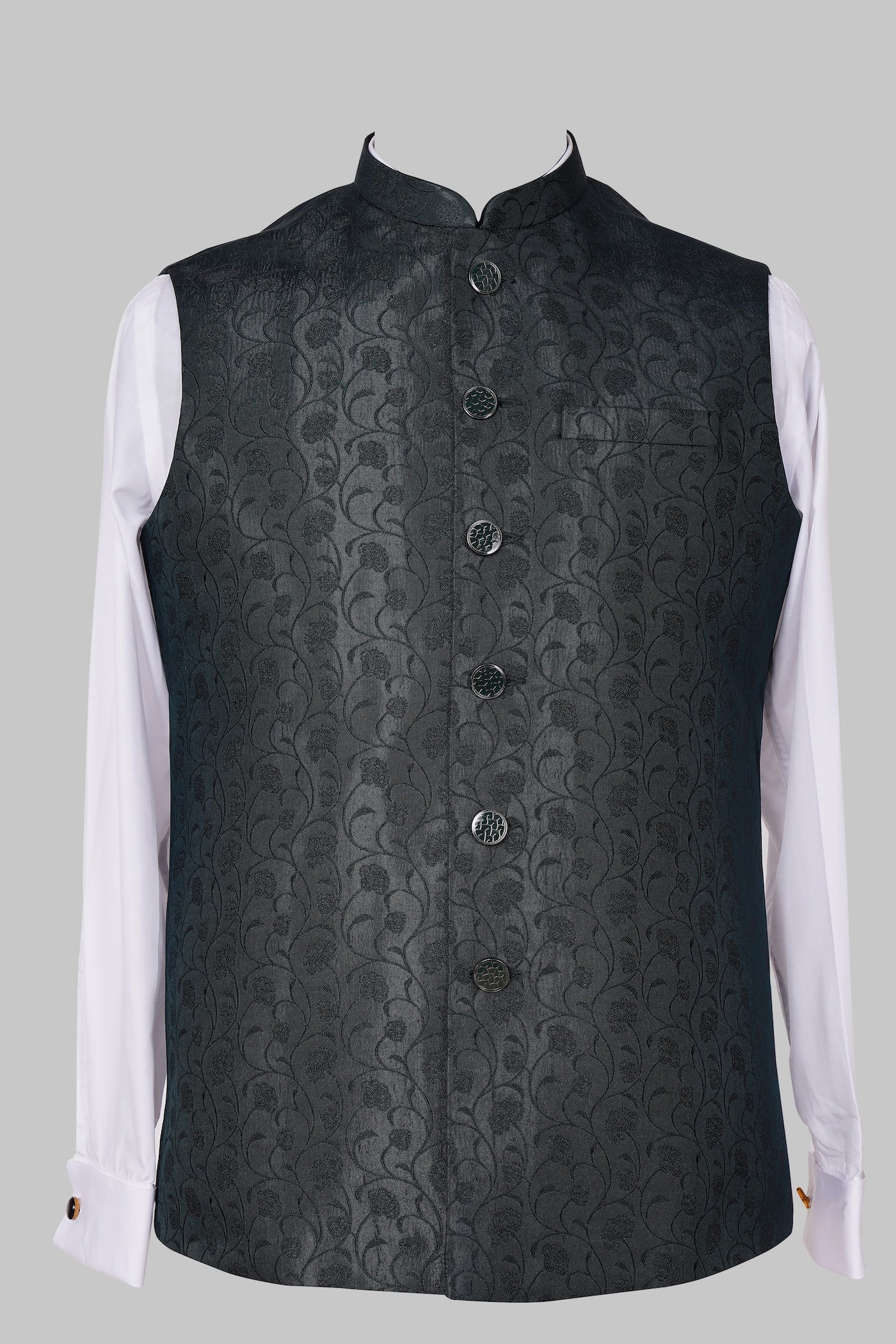 Black Floral Brocade Nehru Jacket for Men | Elegant Dark Ethnic Waistcoat