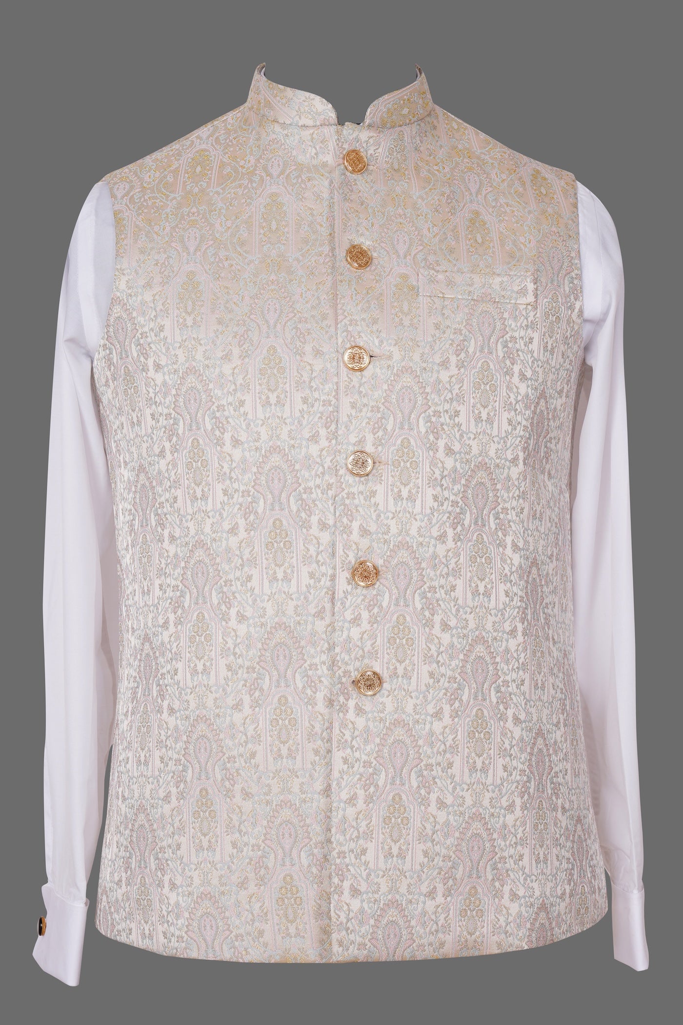 Cream Paisley Brocade Nehru Jacket for Men | Royal Indian Ethnic Waistcoat