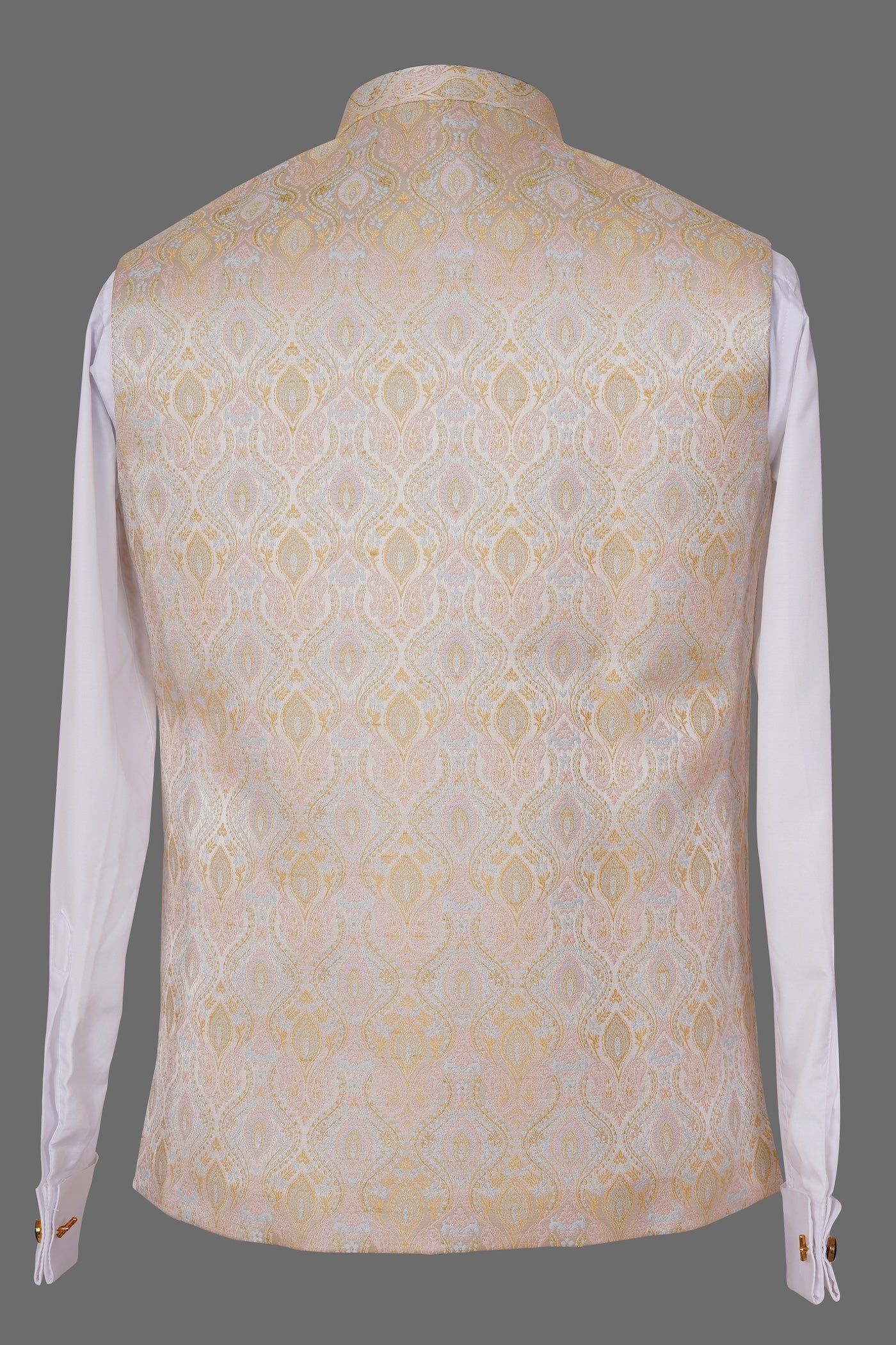 Peach Gold Paisley Brocade Nehru Jacket for Men | Luxurious Indian Ethnic Waistcoat