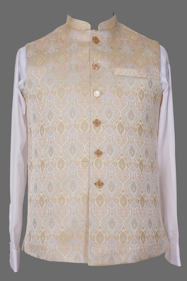 Peach Gold Paisley Brocade Nehru Jacket for Men | Luxurious Asian Ethnic Waistcoat