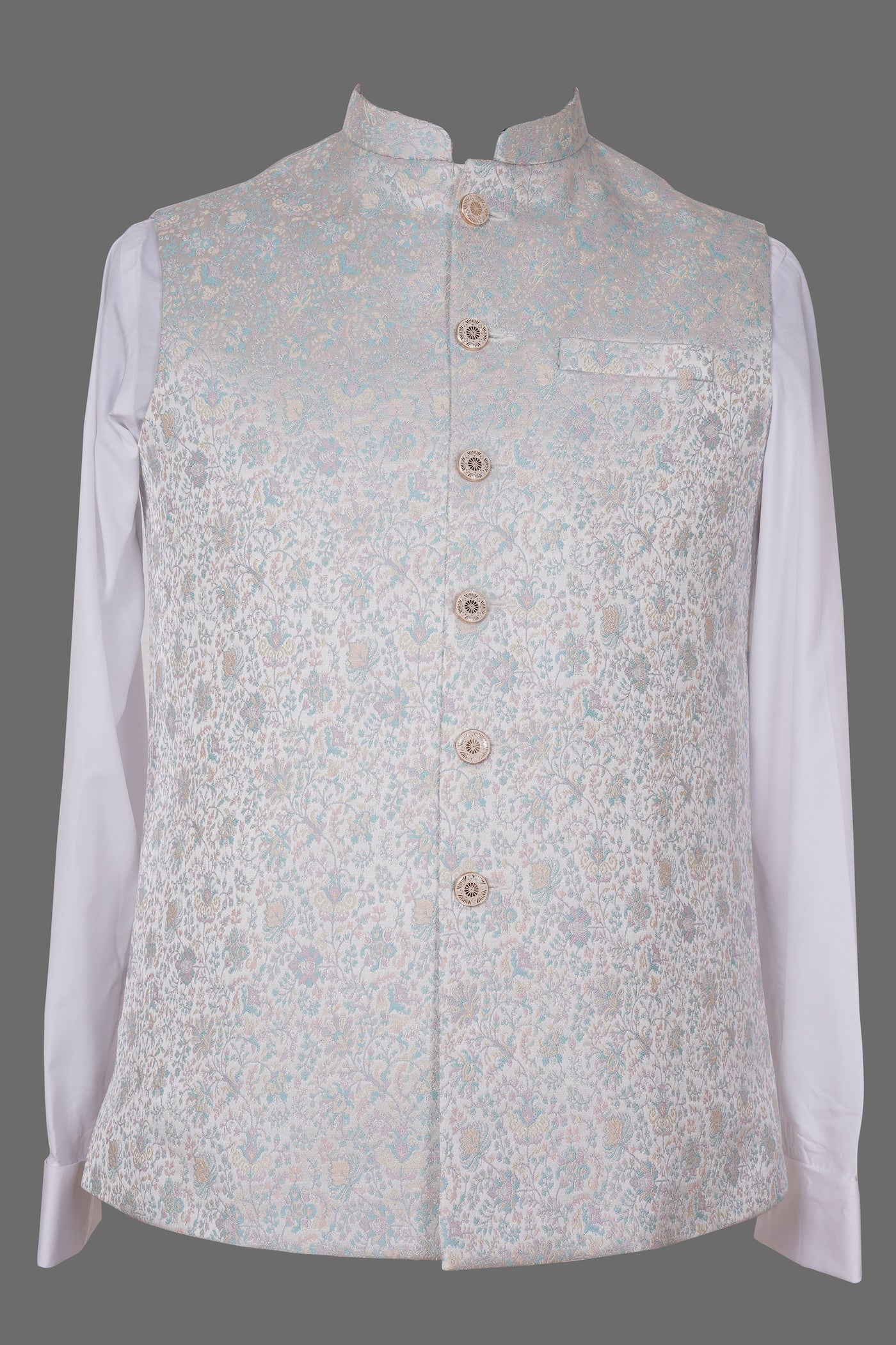 Pastel Blue Floral Brocade Nehru Jacket for Men | Elegant Indian Ethnic Waistcoat