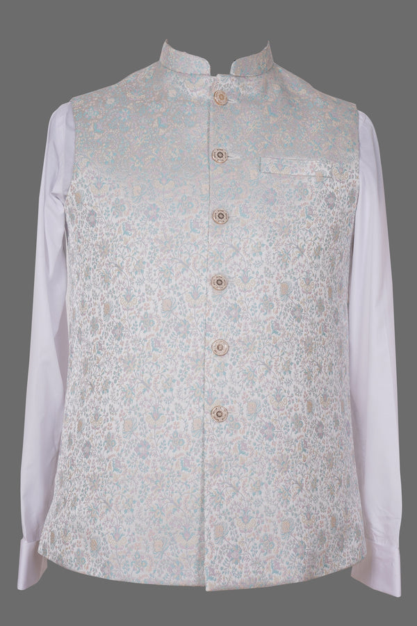 Pastel Blue Floral Brocade Nehru Jacket for Men | Elegant Asian Ethnic Waistcoat