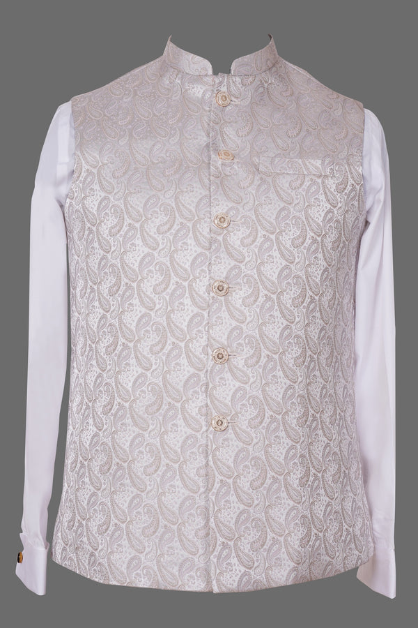 Ivory Paisley Brocade Nehru Jacket for Men | Premium Asian Ethnic Waistcoat