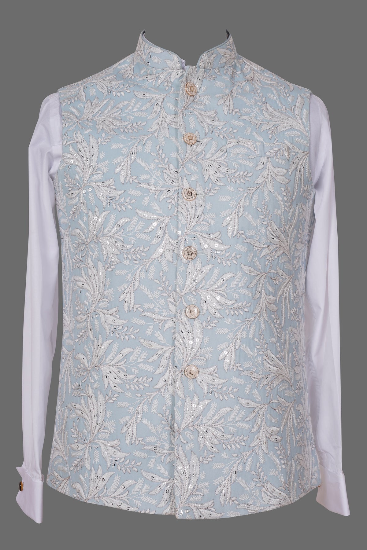 Sky Blue Embroidered Nehru Jacket with Sequins for Men | Premium Asian Ethnic Waistcoat
