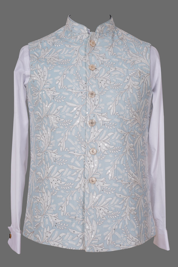 Sky Blue Embroidered Nehru Jacket with Sequins for Men | Premium Asian Ethnic Waistcoat