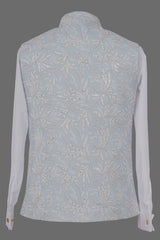 Sky Blue Embroidered Nehru Jacket with Sequins for Men | Premium Asian Ethnic Waistcoat