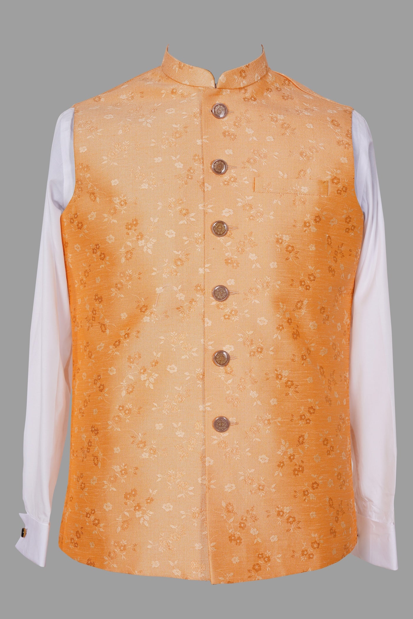 Peach Orange Floral Brocade Nehru Jacket for Men | Elegant Indian Ethnic Waistcoat