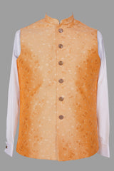 Peach Orange Floral Brocade Nehru Jacket for Men | Elegant Asian Ethnic Waistcoat