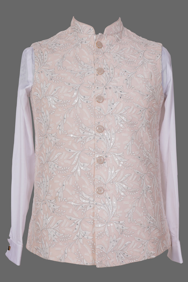 Blush Pink Embroidered Nehru Jacket with Sequins for Men | Premium Asian Ethnic Waistcoat