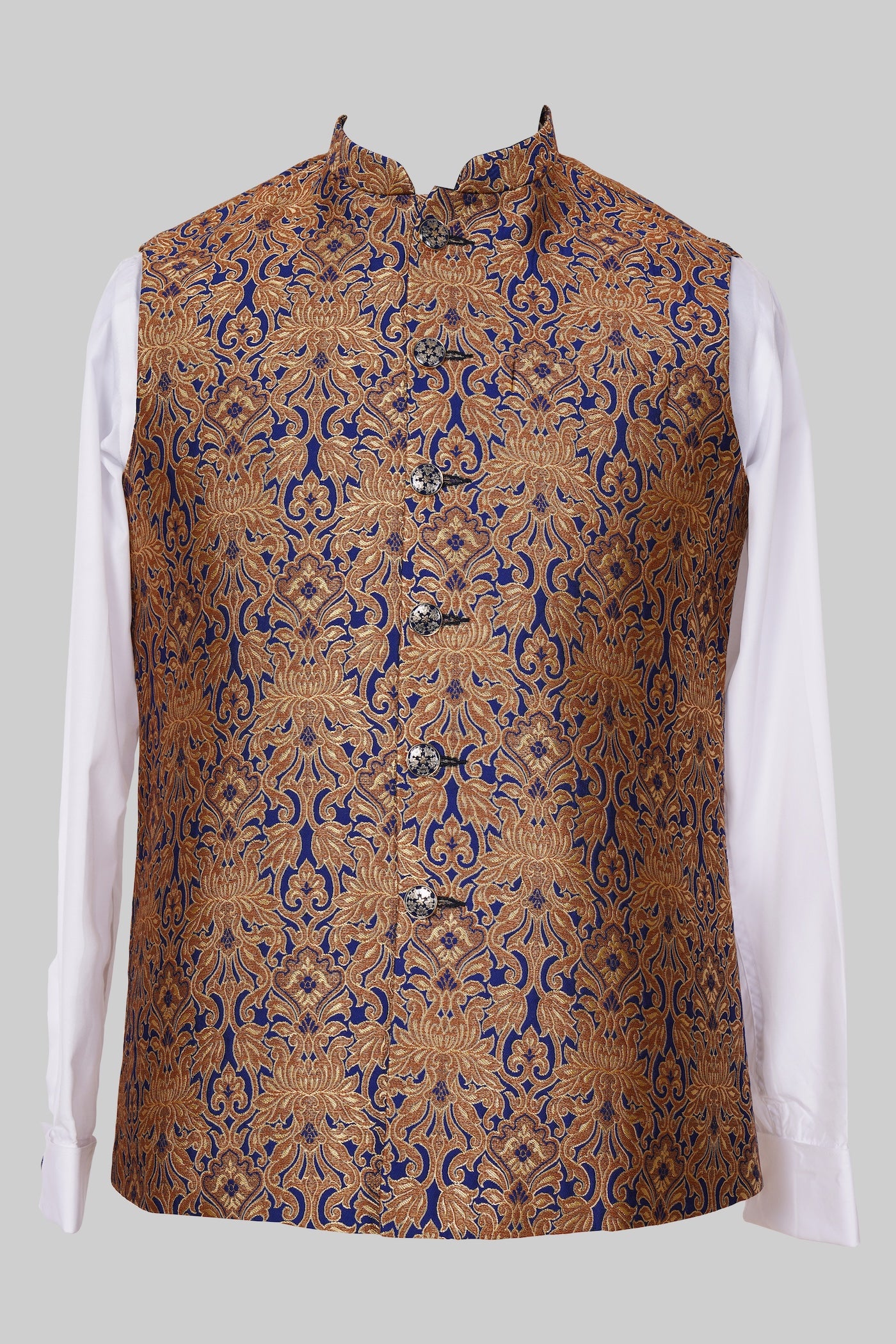 Royal Blue Gold Brocade Nehru Jacket for Men | Luxurious Indian Ethnic Waistcoat