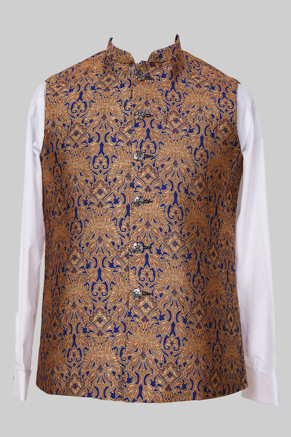 Royal Blue Gold Brocade Nehru Jacket for Men | Luxurious Asian Ethnic Waistcoat