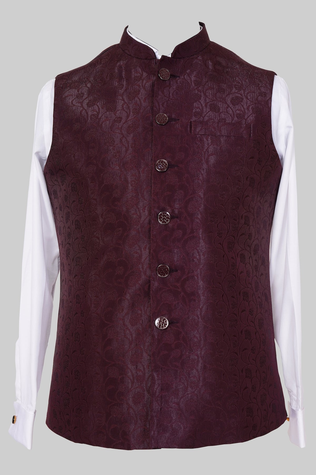 Maroon Brocade Nehru Jacket for Men | Luxurious Asian Ethnic Waistcoat