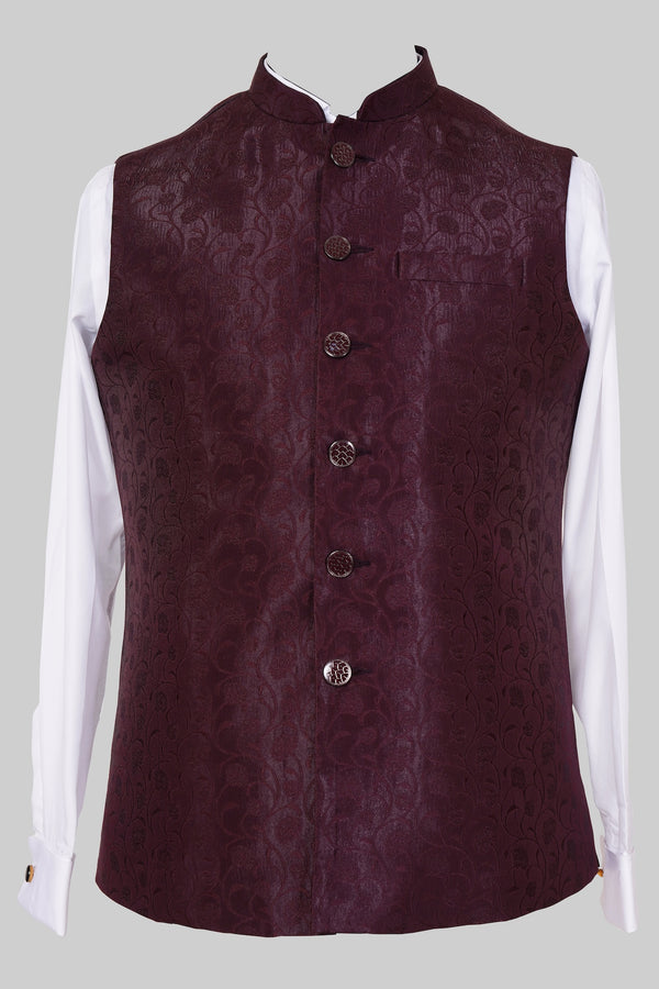 Maroon Brocade Nehru Jacket for Men | Luxurious Asian Ethnic Waistcoat
